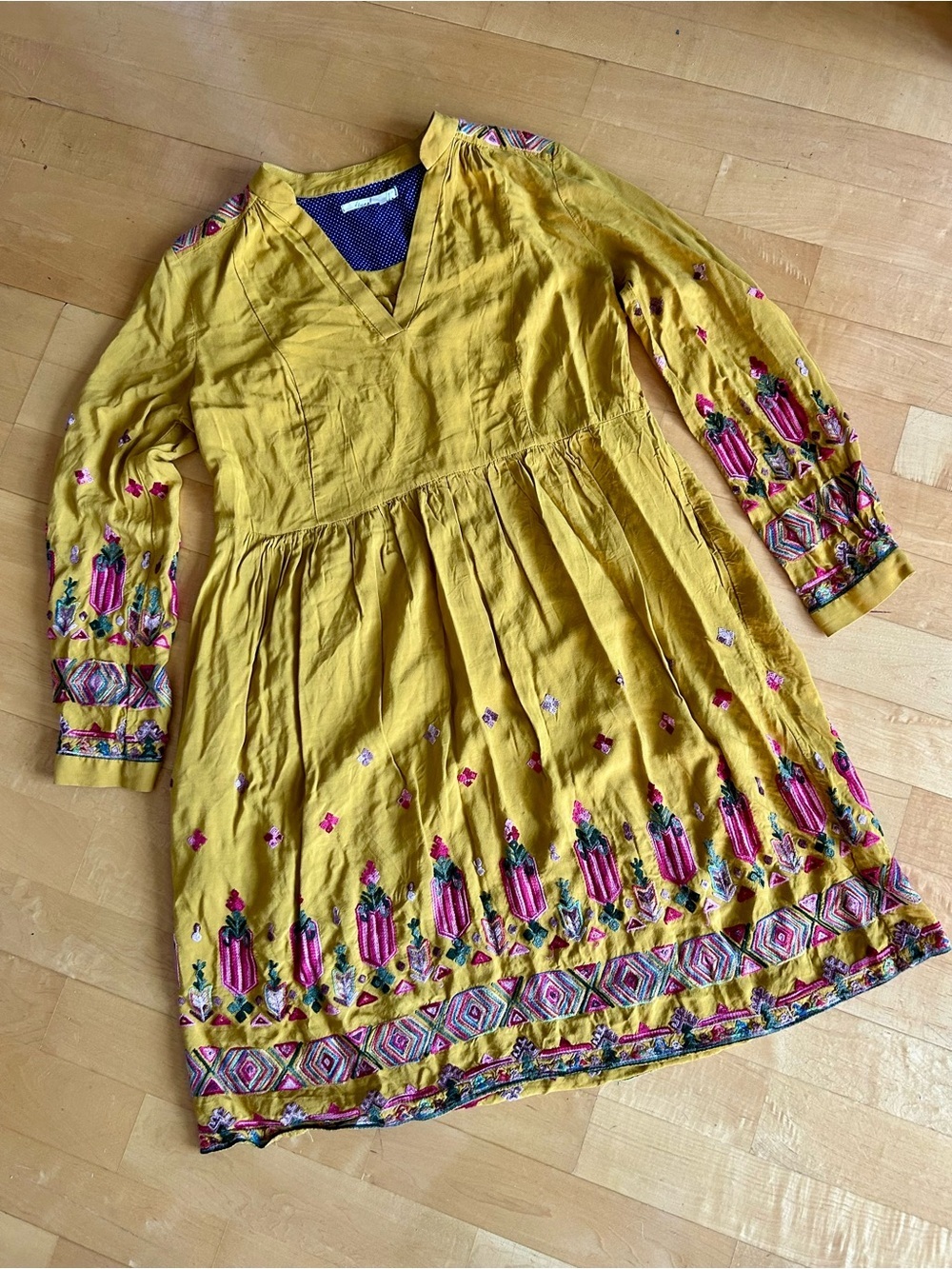 Anthropologie Floreat Embroidered, Boho V-Neck Dress, Gold, Pink, Size XS